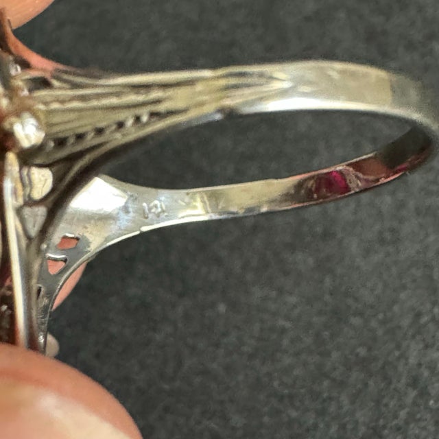 Raspberry Red Art Deco 14k White Gold Cocktail Ring Marquis Lab Ruby Filigree Setting Vintage Size 8 For Sale - Image 8 of 12