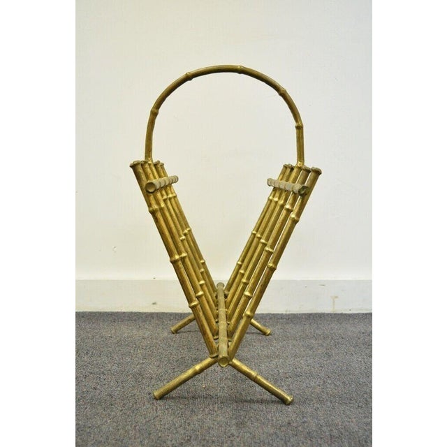 Hollywood Regency Mid 20th Century Vintage Italian Hollywood Regency Gold Gilt Metal Faux Bamboo Magazine Rack For Sale - Image 3 of 10
