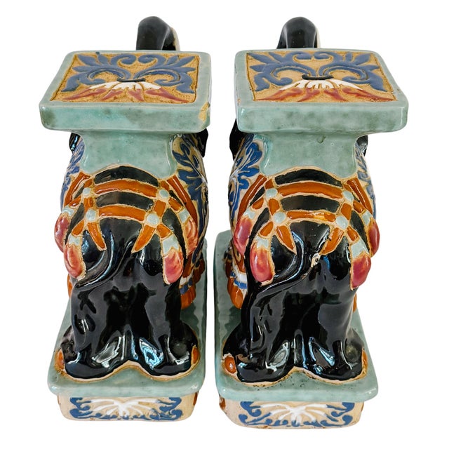 Vintage Chinoiserie Celadon & Black Ceramic Elephant Glazed Plant Stands / Bookends - A Pair For Sale - Image 12 of 13