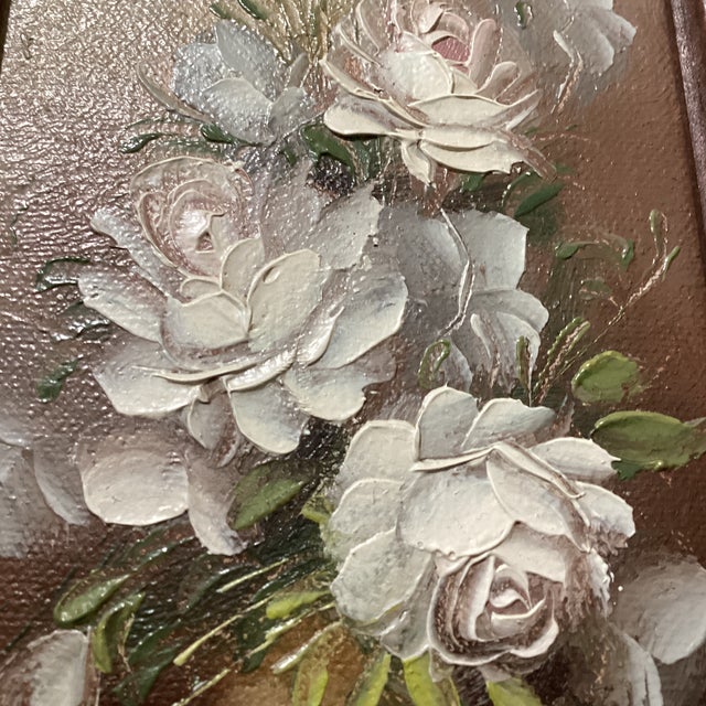 Vintage Painting on Driftwood “White Peony“ by Robert Cox (1934- 2001) Framed For Sale - Image 9 of 12