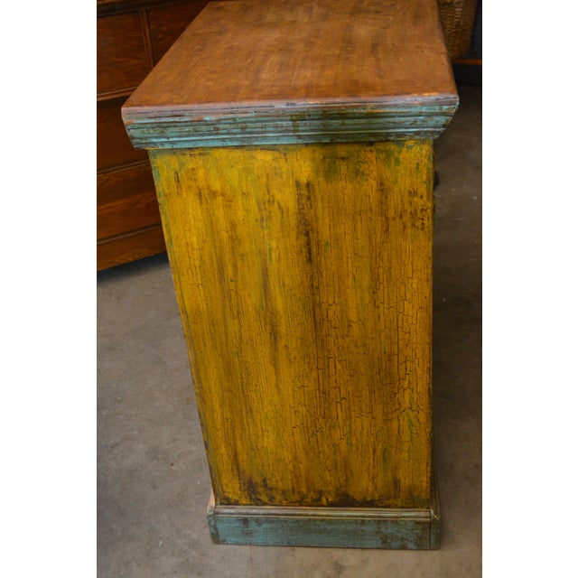 1990s Rustic Heavy Wooden Cabinet / Nightstand W/ Green Trim Patina & Single Glass Door For Sale - Image 4 of 18
