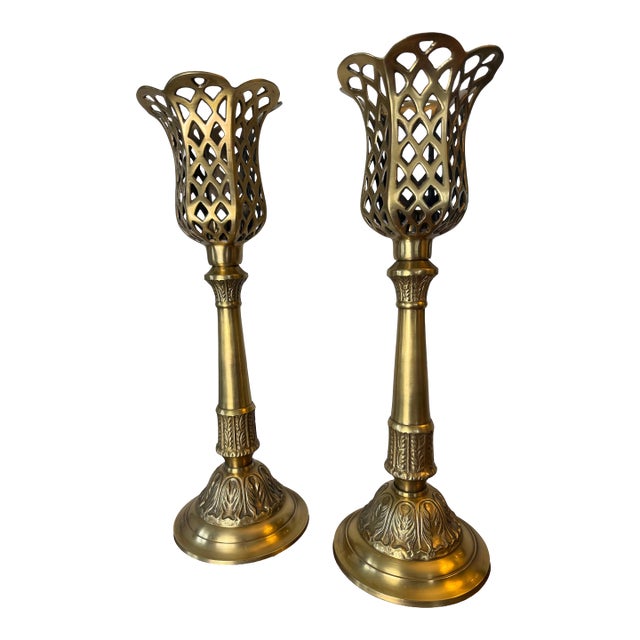Pair of Vintage Brass Scalloped Floral Form Candle Holders For Sale