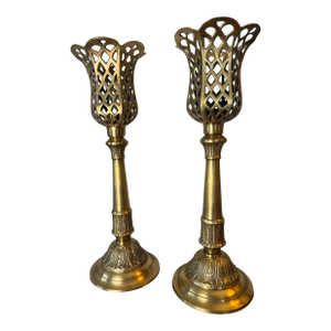 Pair of Vintage Brass Scalloped Floral Form Candle Holders