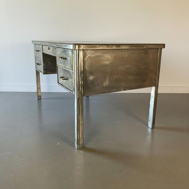 Metal Vintage Polished Double Pedestal Steel Desk For Sale - Image 7 of 10