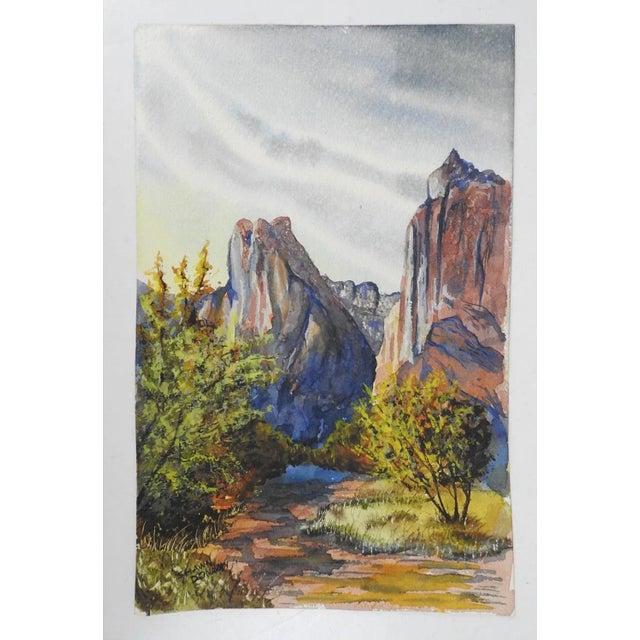 Rustic Mid 20th Century Mountain Canyon Landscape Watercolor Painting For Sale - Image 3 of 3