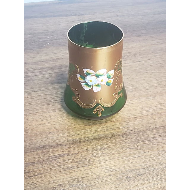 Metal Vintage Hand-Painted Bohemian Emerald Glass Complete 8-Piece Decanter Set For Sale - Image 7 of 11