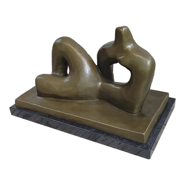 Abstract Henry Moore Bronze Metal Statue Sculpture Figure Decor on Marble Base For Sale