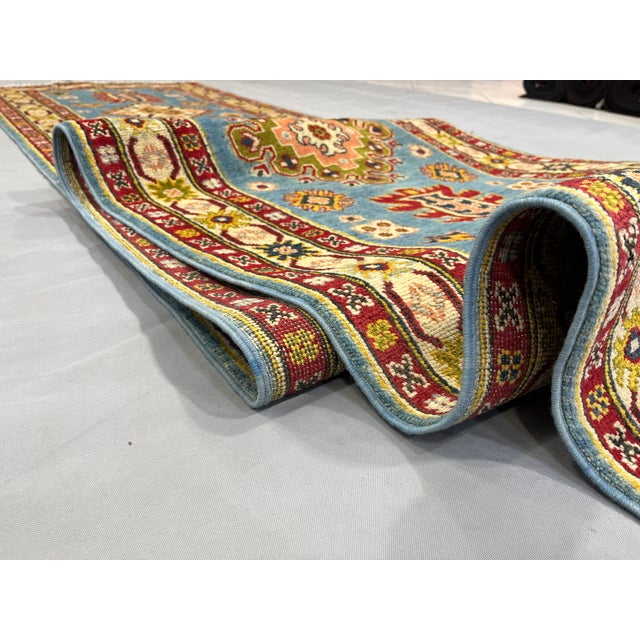 Blue and Burgundy Kazak Wool Runner Rug, Tribal Hallway Rug, 2'9" X 13'1" For Sale - Image 10 of 15
