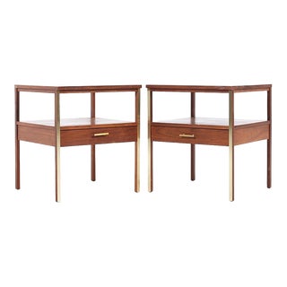Paul McCobb for Calvin Linear Mid Century Walnut and Brass Side Table - Pair For Sale