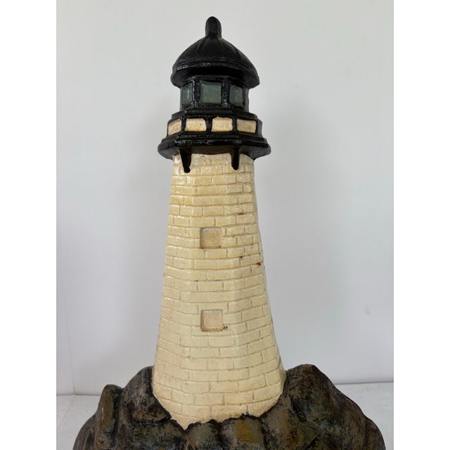White Vintage Solid Cast Iron Lighthouse Doorstop – Hand-Painted Coastal Decor For Sale - Image 8 of 8
