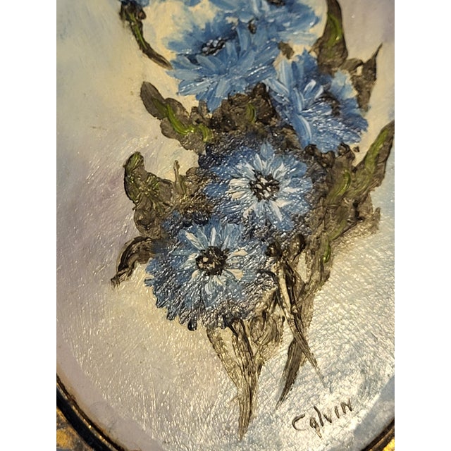 Original botanical oil painting of back of vintage brass frame. Beautiful, detailed brushstrokes. Signed Calvin