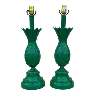 Vintage Metal Pineapple Green Lacquered Table Lamp - Pair For Sale