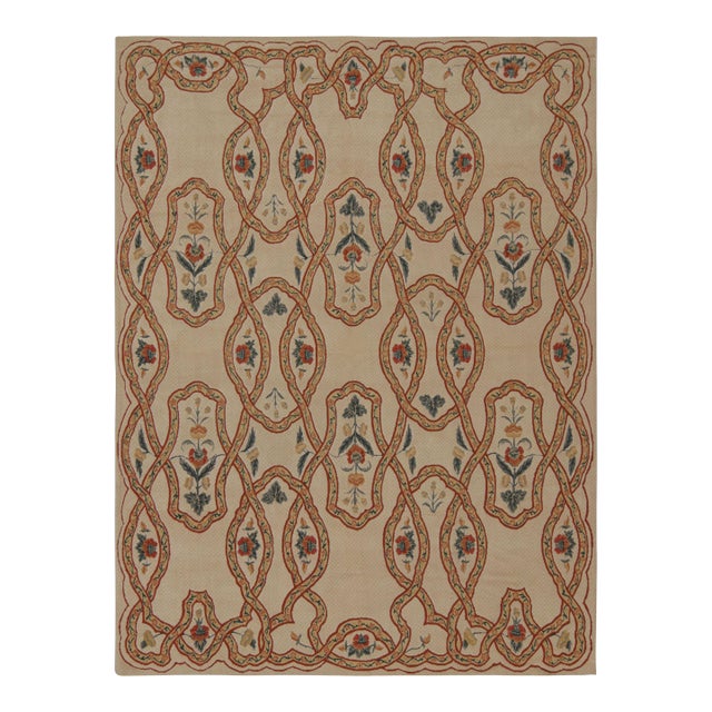 Rug & Kilim’s European Rug in Beige, With Green and Red Floral Patterns For Sale