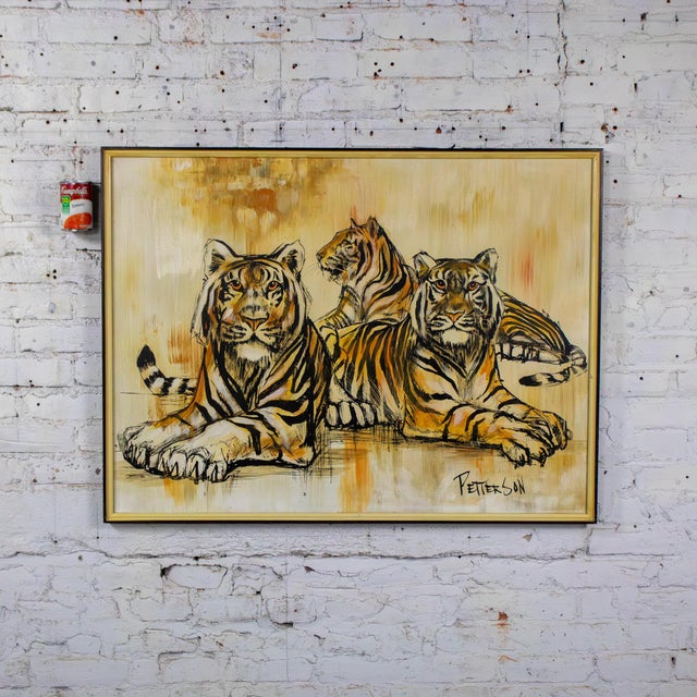 Mid-20th Century Mid-Century Modern Large Resting Tiger Canvas Painting by Pettersen Black and Gold Frame For Sale - Image 18 of 18