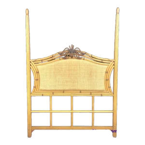 Vintage Queen Size Regency Tropical Weaved Wicker Padded Upholstered Bamboo Poster Headboard