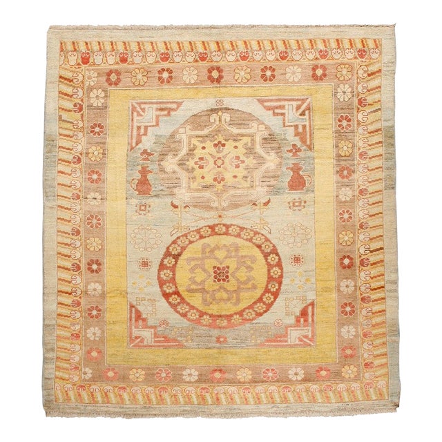 Vintage Zabihi Collection Square Size Inspired Khotan Rug - 8' x 8'9" For Sale