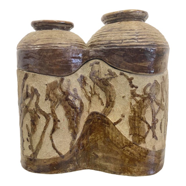 Mid-Century Handmade Two Piece Pottery Urn For Sale
