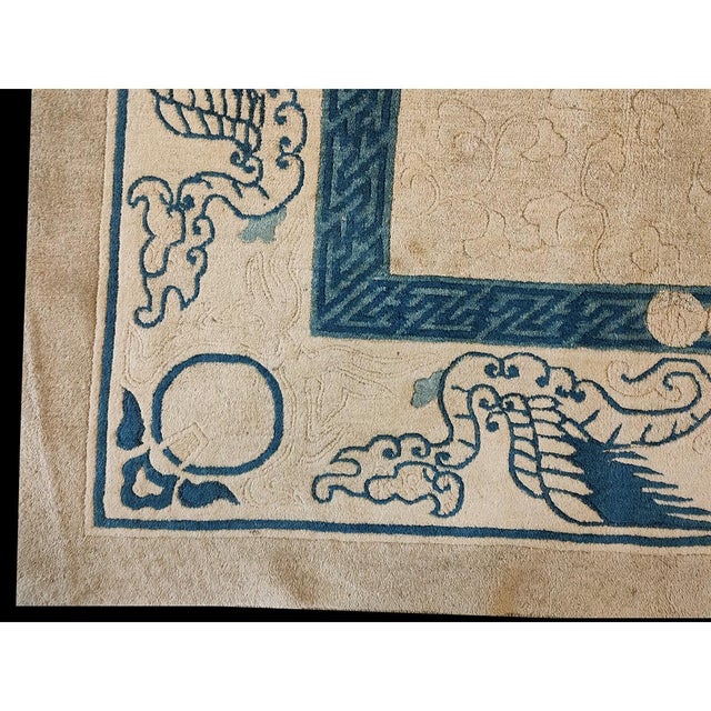 1930s Ivory Minimalist Solid Open Field Antique Chinese Dragon Peking Deco Rug For Sale - Image 9 of 9