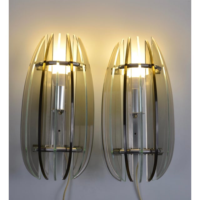 Italian Veca Smoked and Clear Glass Sconces from Veca, 1970s, Set of 2 For Sale - Image 16 of 18