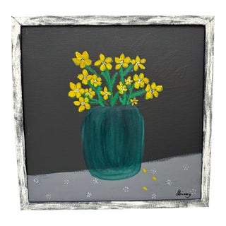 Rustic Whimsical Framed Flowers in a Vase Artisan Painting For Sale