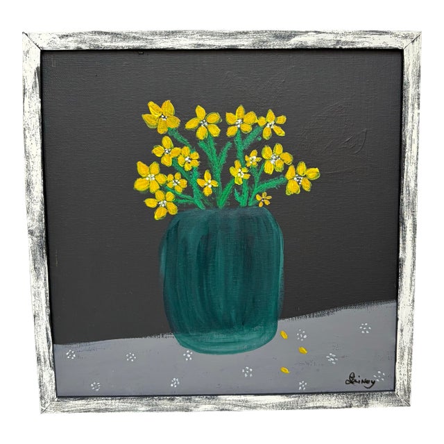 Rustic Whimsical Framed Flowers in a Vase Artisan Painting For Sale