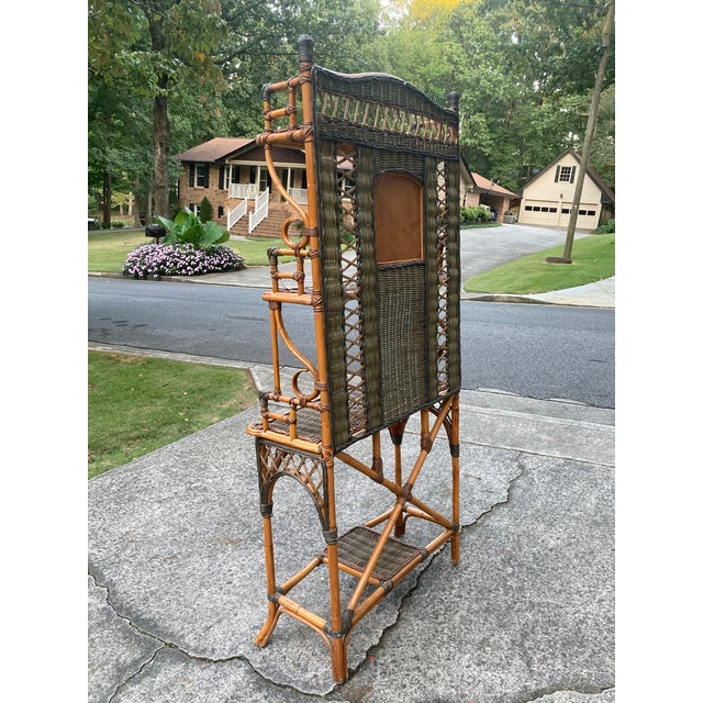 Early 20th Century Aesthetic Movement Coastal Bamboo and Wicker Etagere With Mirror For Sale - Image 4 of 6