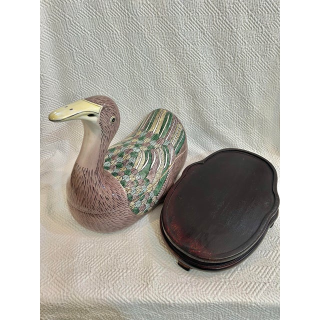 Chinoiserie Mid 20th Century Chinoiserie Duck or Goose Tureen on Carved Wood Stand For Sale - Image 3 of 12