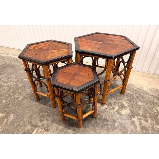 Coffee 1970s Vintage Burnt Bamboo & Rattan Nesting Hexagon Shaped Tables - Set of 3 For Sale - Image 8 of 9