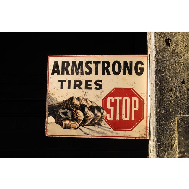 Vintage Armstrong Tires Double-Sided Tin Flange Service Station Sign For Sale In Chicago - Image 6 of 11