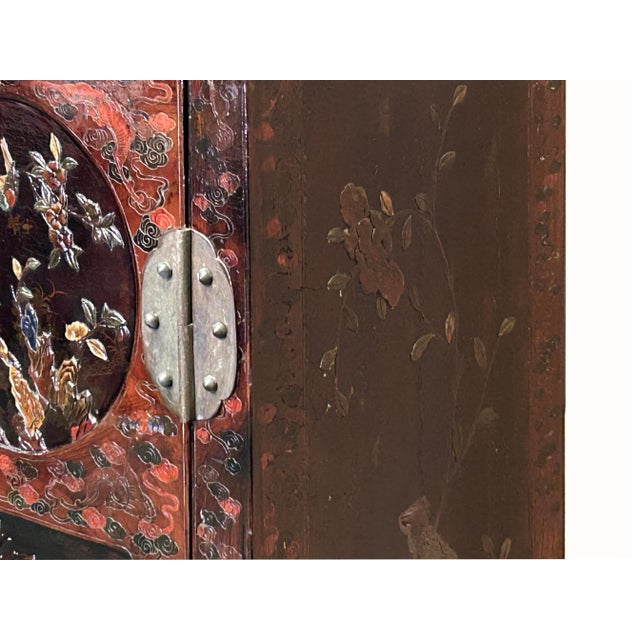 Brick Red Vintage Chinoiseries Brick Red & Stone Inlay Graphic Credenza Cabinet For Sale - Image 8 of 11