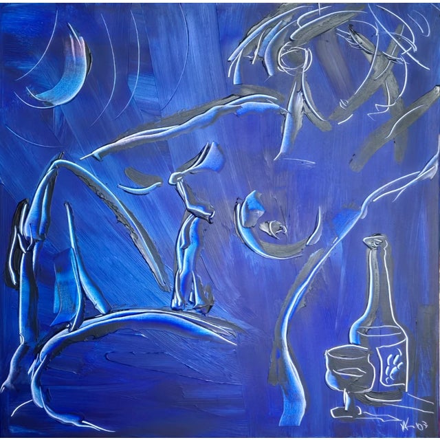 Impressionist Mark Kasav Original Painting on Canvas "Blue Moon Nude" Woman, 30" X 30" For Sale - Image 3 of 14
