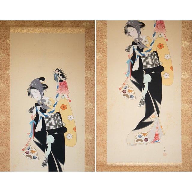 Japanese "Beauty With a Puppet" by Getsudo, Showa Era Japanese Silk Scroll Painting For Sale - Image 3 of 18
