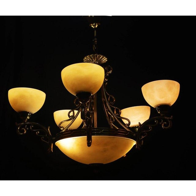Art Deco Six-Light Chandelier in Brass and Tinted Glass, 1930 For Sale - Image 4 of 18