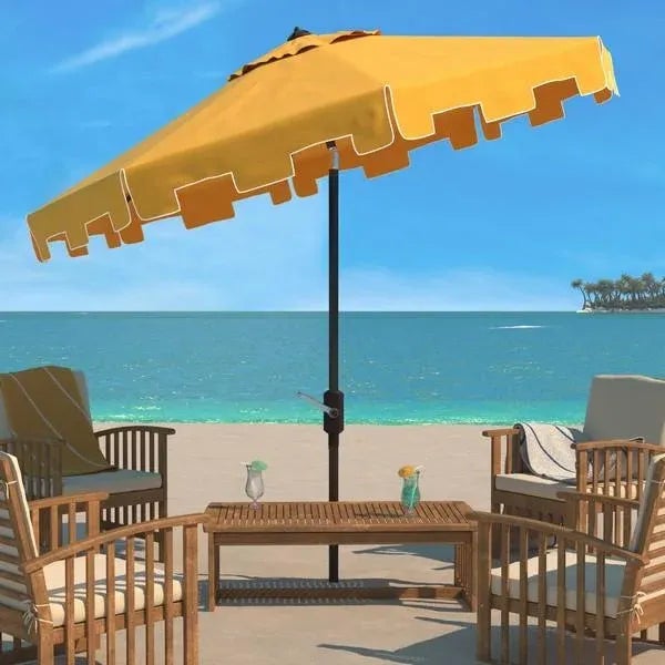 A classic market umbrella gets a chic makeover in sunny yellow with a stylish valance for extra sun protection and...