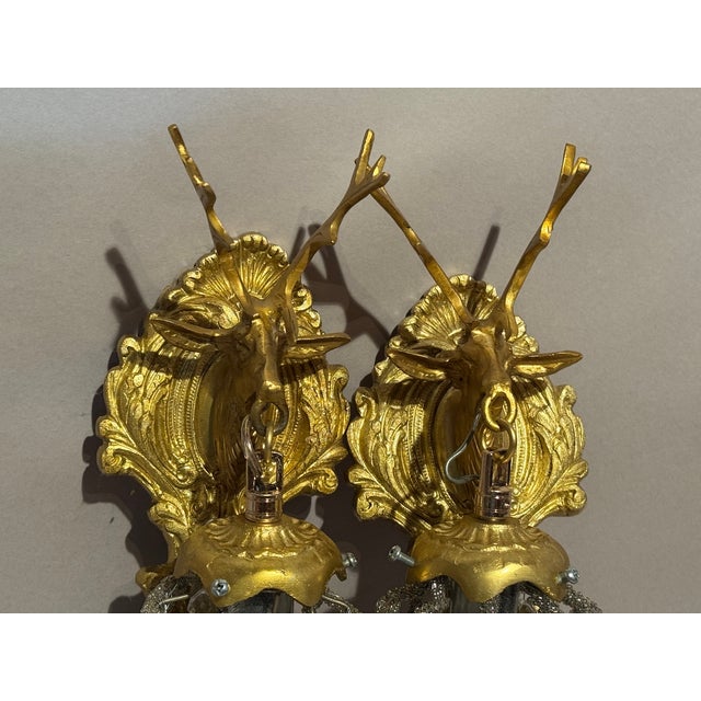 Late 20th French Louis XVI Gilt Bronze Deer Head Wall Lamps Sconces- Pair For Sale - Image 10 of 15