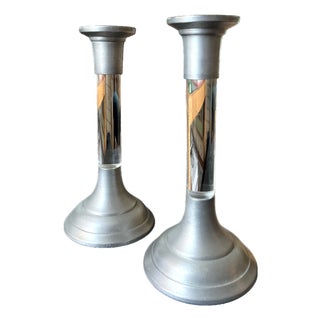 Pair of Vintage Lucite and Pewter Taper Candlestick Holders, 1970s For Sale