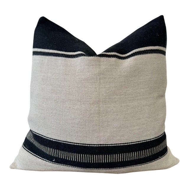 Linen and Wool Marshall Stripe Black and Natural Pillow Cover For Sale
