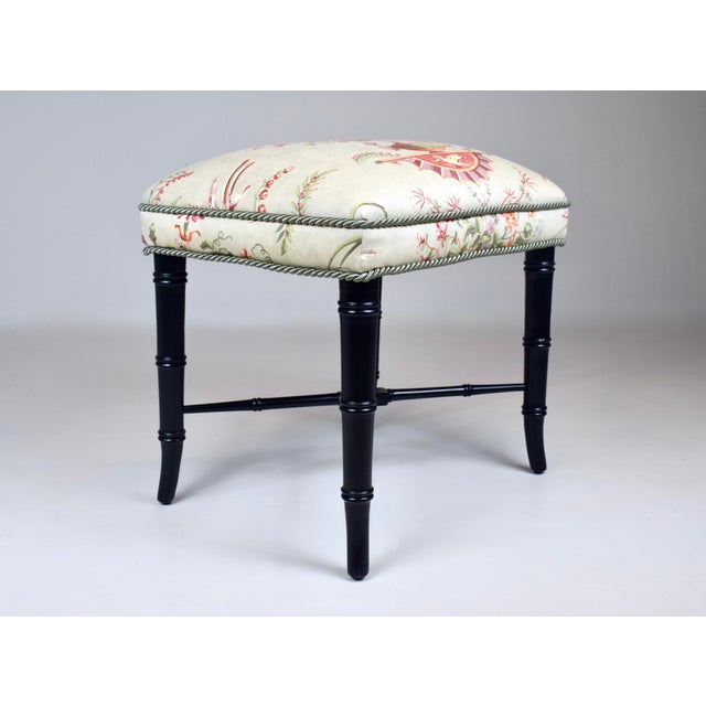 Chinoiserie Faux Bamboo Ottoman Bench Stool New Floral Upholstery For Sale - Image 3 of 10