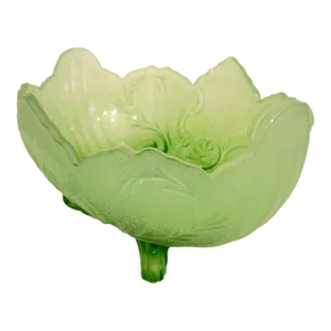 Vintage 1950's Vaseline Green Glass Fenton Style Footed Carved Fruit Bowl