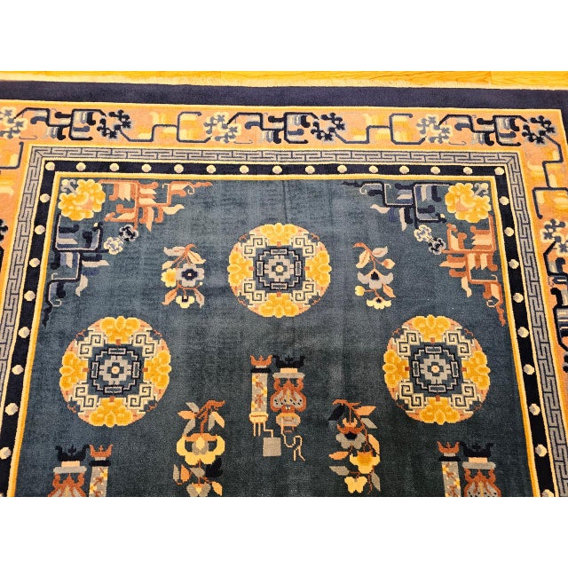 Textile Vintage Art Deco Chinese Rug, Handwoven Wool Pile, Floral Design, Blue, 6' x 8' For Sale - Image 7 of 14