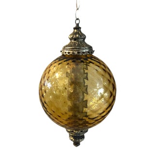 Large Mid-Century Modern Gold Glass Brass Ball Globe Hanging Light For Sale