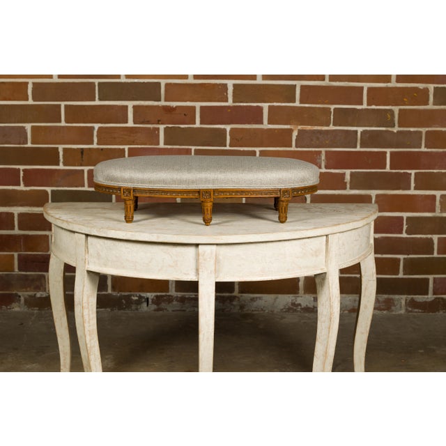 19th Century French Louis XVI Style Walnut Footstool with Linen Upholstery, 19th Century For Sale - Image 5 of 12