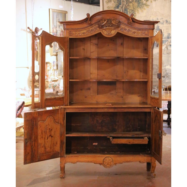 Brass 18th C. French Louis XV Pine Buffet-Deux-Corps Vitrine Cabinet From Normandy For Sale - Image 8 of 15