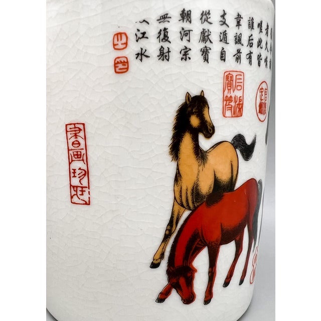 Baker Furniture Company Vintage Chinese Porcelain Brush Pot With Eight Horses Motif & Calligraphy — Chinoiserie / Asian Traditional For Sale - Image 4 of 14