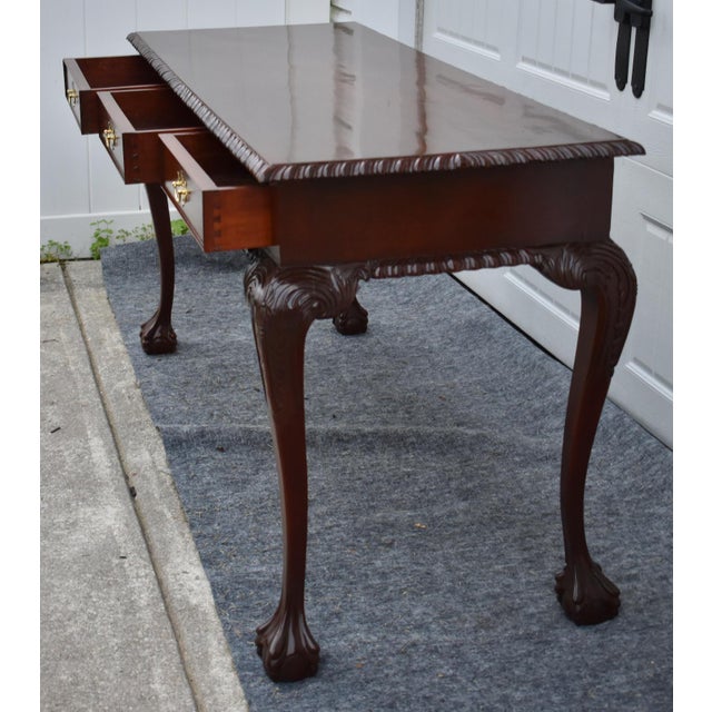 Chippendale Mahogany Writing Console Table Vintage 3 Drawer Ball Claw Foot Sofa For Sale - Image 11 of 15