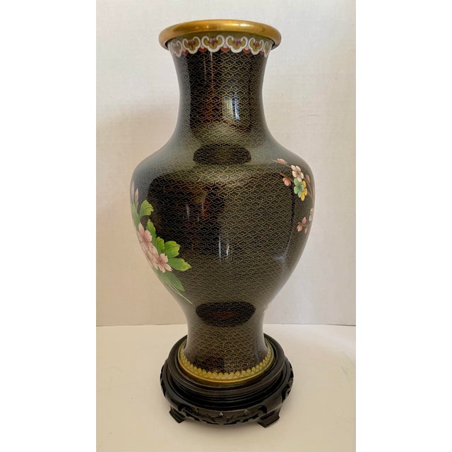 Black Vintage Chinese Cloisonné Enamel Vase With Cherry Blossoms, Bird & Butterfly For Sale - Image 8 of 12