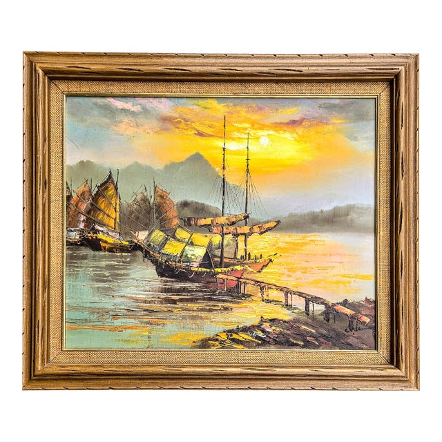 Oil Painting of Chinese Ships at Sunset For Sale