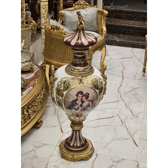 French Ornate French Porcelain Vase With Romantic Scene & Gold Gilt Bronze Mounts For Sale - Image 3 of 3