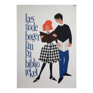 1960s Danish Library Poster - "Læs Gode Bøger Lån På Biblioteket" (Read Good Books, Borrow From the Library) For Sale