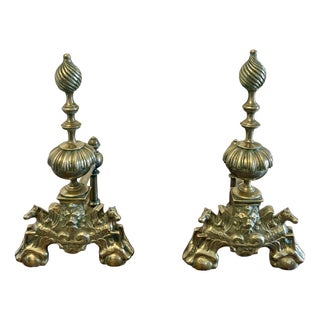 Large Antique Victorian Ornate Brass Fire Dogs and Andirons, 1880, Set of 2 For Sale